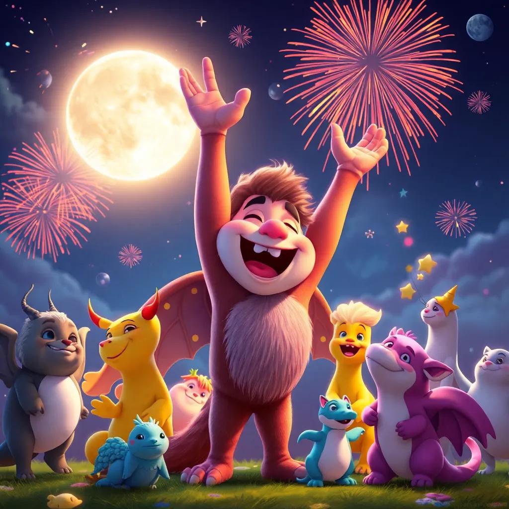 U, joyful and proud, celebrating with the magical creatures around him under a dazzling moon with fireworks in the sky, digital art, cheerful colors, festive atmosphere, high quality