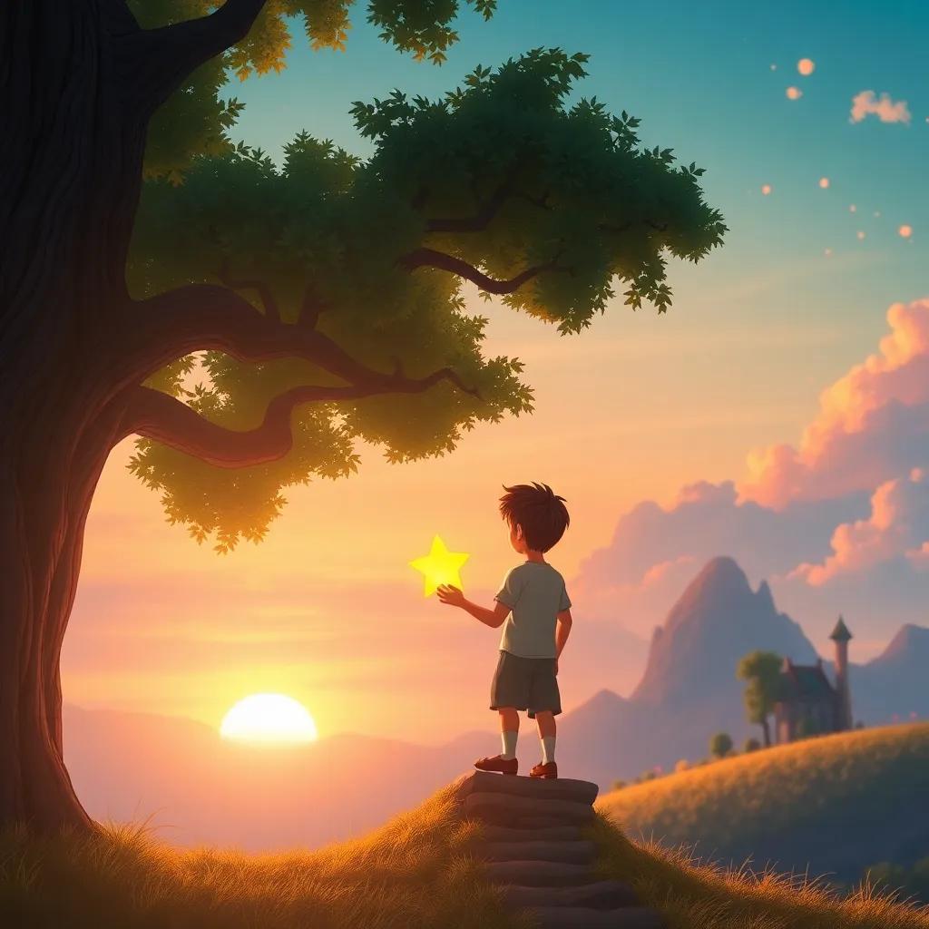 A beautiful dawn sky as U steps back into the tree, holding a glowing star given by Orin, with the magical land behind him fading away, digital art, warm and nostalgic, high quality