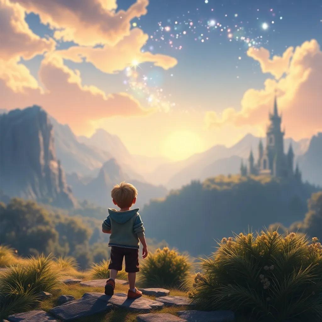 U, the curious boy, looking back at the magical world he just left, with a sparkle in his eye and a small star in his hand, dreamy landscape, high quality
