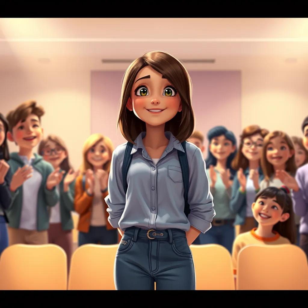 Amina, a 16-year-old girl with medium brown hair in a simple jeans and a light blue shirt, surrounded by classmates who are smiling and cheering her after her performance, a feeling of joy and admiration, digital painting, warm and inviting