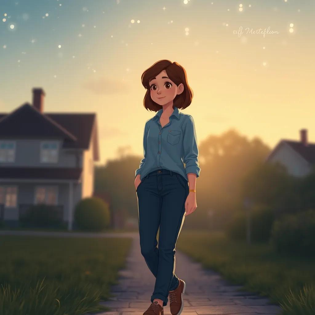 Amina, a 16-year-old girl with medium brown hair in a simple jeans and a light blue shirt, walking home under a starlit sky, reflecting on her performance with a soft smile, calm and peaceful, digital art, cool tones, inspiring mood.