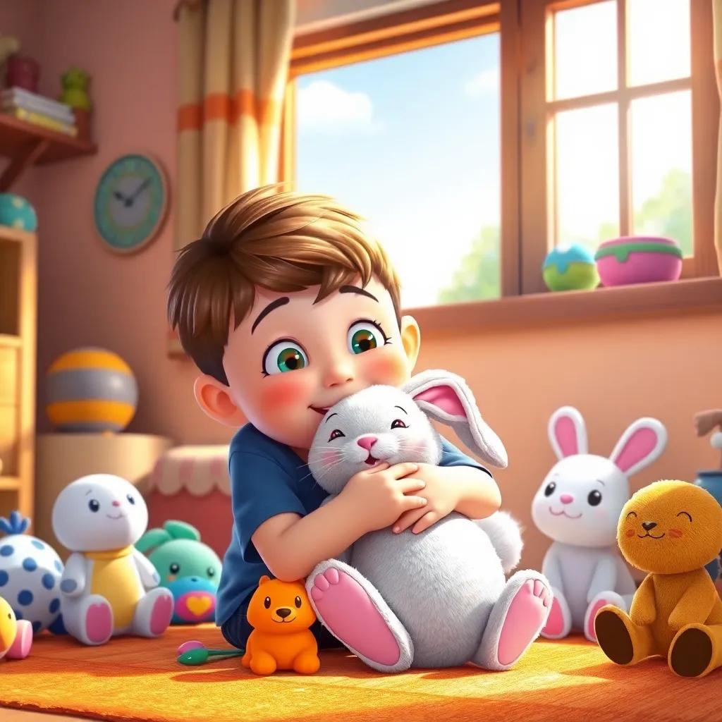 A young boy with bright eyes, hugging the velveteen bunny tightly with a big smile, surrounded by playful toys and a sunny window, joyful scene, illustration, vivid colors, heartwarming