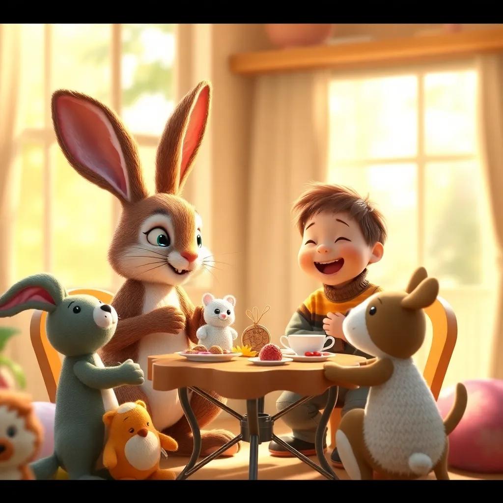 The rabbit and the boy having a tea party with stuffed animals, a small table with pretend food, laughter echoing in warm sunlight, whimsical, colorful, joyful atmosphere