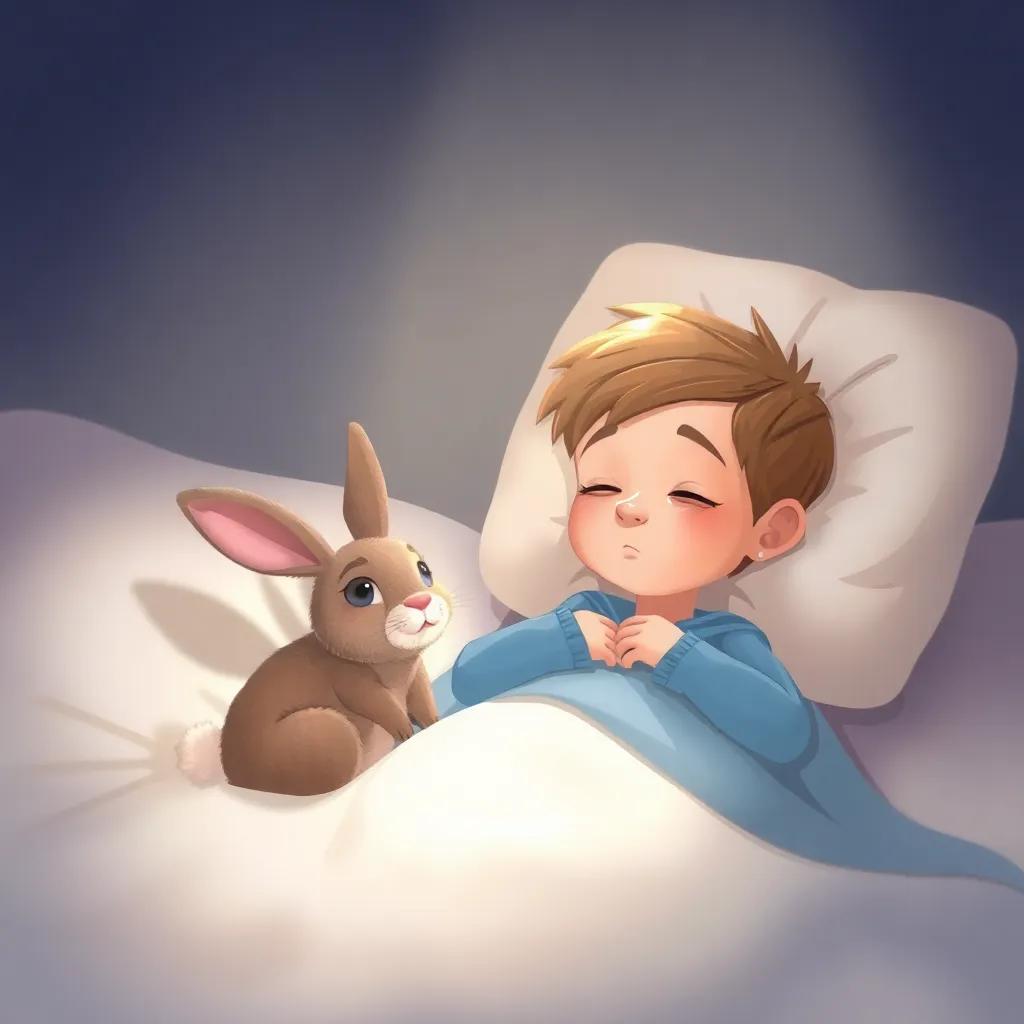 The boy sick in bed with the rabbit beside him, soft light glowing around, comforting atmosphere, illustration, tender and loving, warm colors