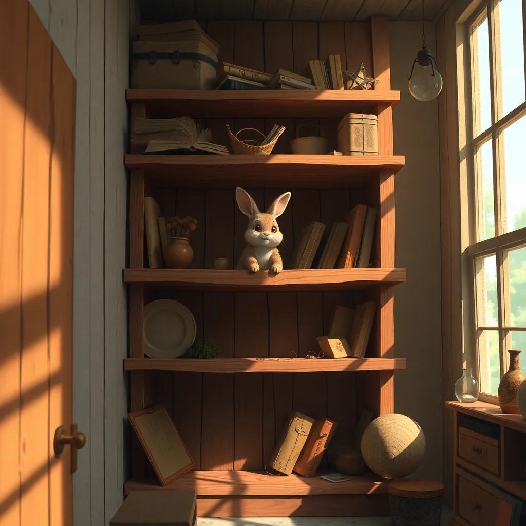 A high shelf with the velveteen rabbit looking down, dusty but happy, the room filled with sunlight and memories, illustration, nostalgic