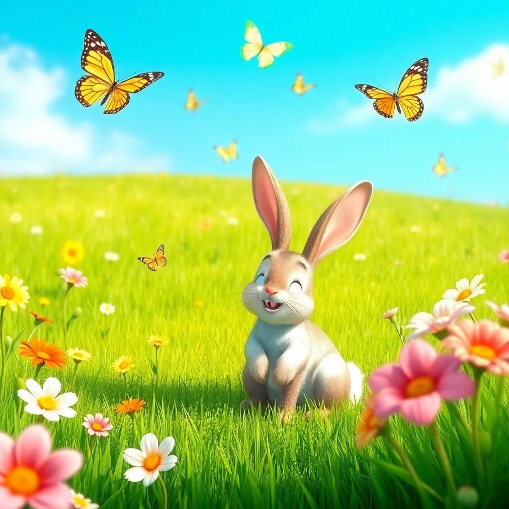 A grassy yard in spring with the rabbit sitting on grass, surrounded by flowers and butterflies, under a clear blue sky, cheerful and lively, digital art, bright colors