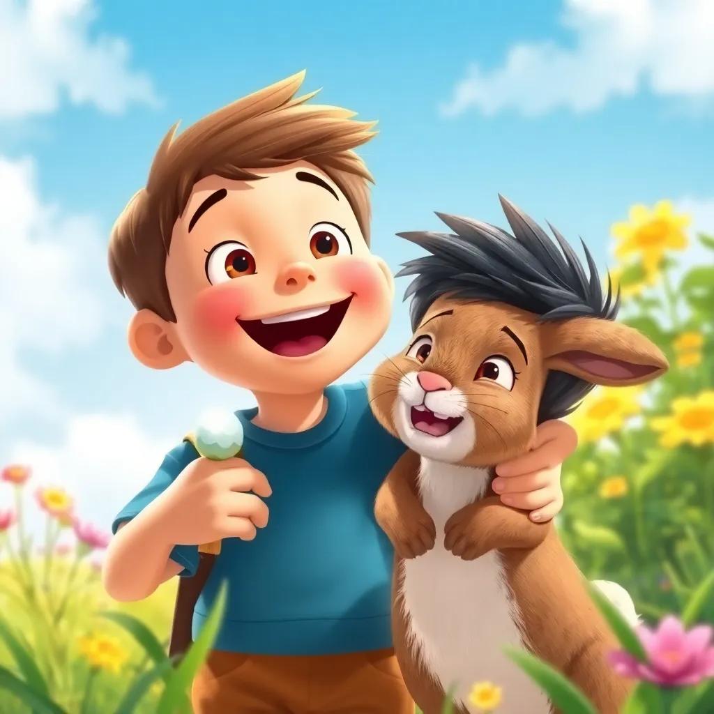 A joyful boy with his new friend, looking surprised and happy to see the rabbit again, surrounded by nature and joy, vibrant illustration, sunny atmosphere