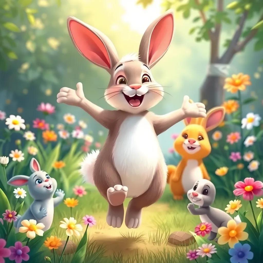 The rabbit in the garden, jumping with happiness, flowers all around, with other animals happily playing alongside, carefree and delightful, illustration, bright colors