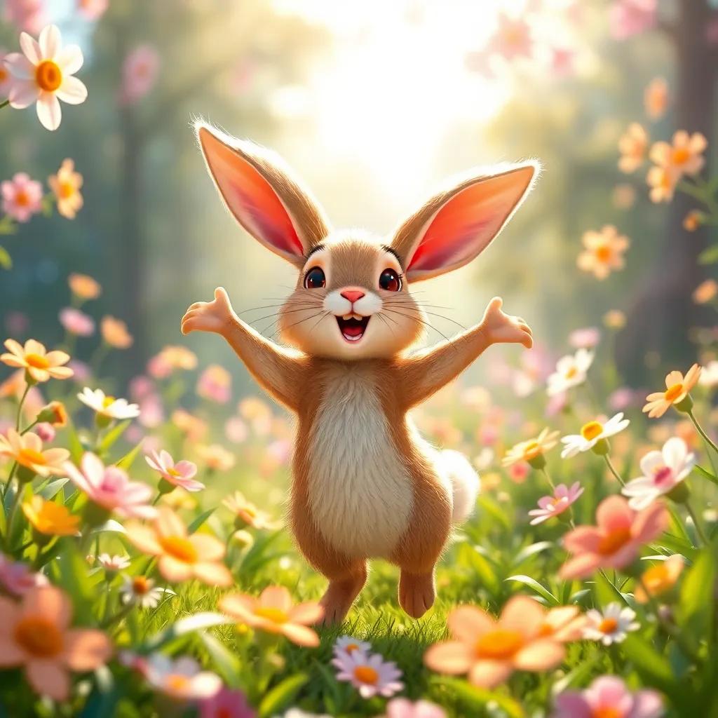 The velveteen rabbit dancing among flowers, a beautiful scene with sunlight, full of magic and joy, smiling wide, digital art, vibrant and cheerful