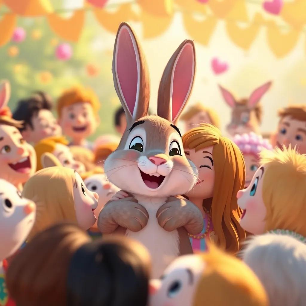 A bright scene with the rabbit, loved and cherished by many friends, a colorful view of friendship and joy, joyful, illustration, warm and inviting colors.