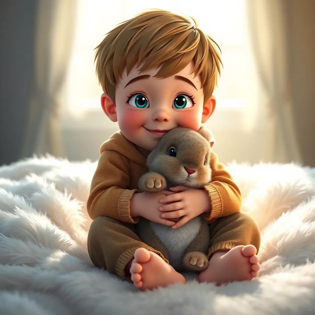 A little boy with bright eyes, hugging the velveteen rabbit tightly, sitting on a fluffy bed, filled with sunlight, joyful expressions, soft focus, child-friendly, heartwarming scene