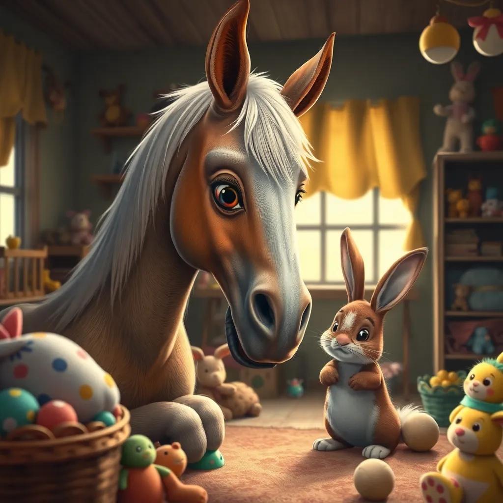 An old wise skin horse, with gentle eyes, talking to the velveteen rabbit in the nursery, lots of colorful toys around, thoughtful atmosphere, detailed digital painting, warm colors, magical feel