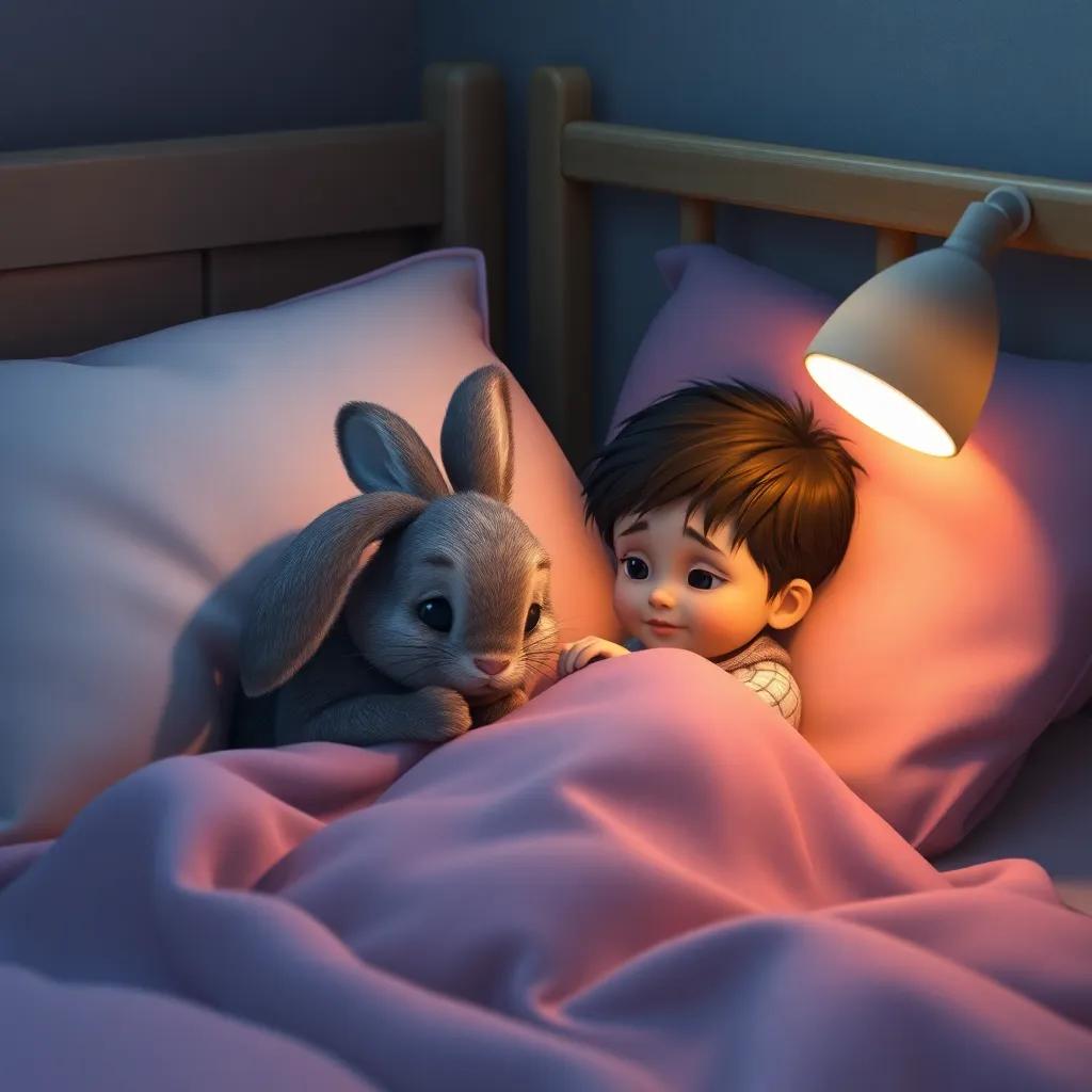 A sad velveteen rabbit by the bedside, with a little boy under the covers, comforting vibes, soft shadows, cozy ambiance, heart-tugging scene, digital art, emotional appeal