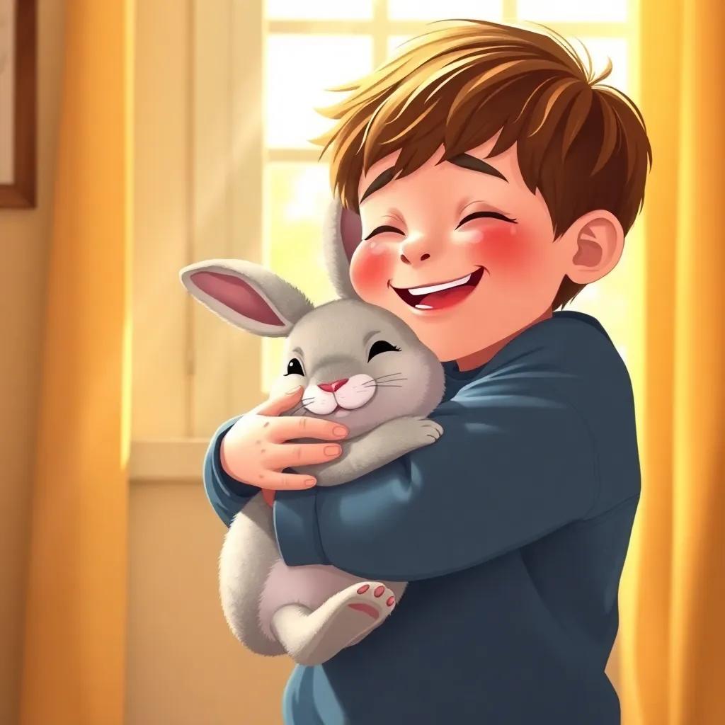 A happy little boy hugging the velveteen rabbit vigorously, with tears of joy on his cheeks, bright sunlight streaming through the window, lively colors, uplifting mood, digital illustration, high quality