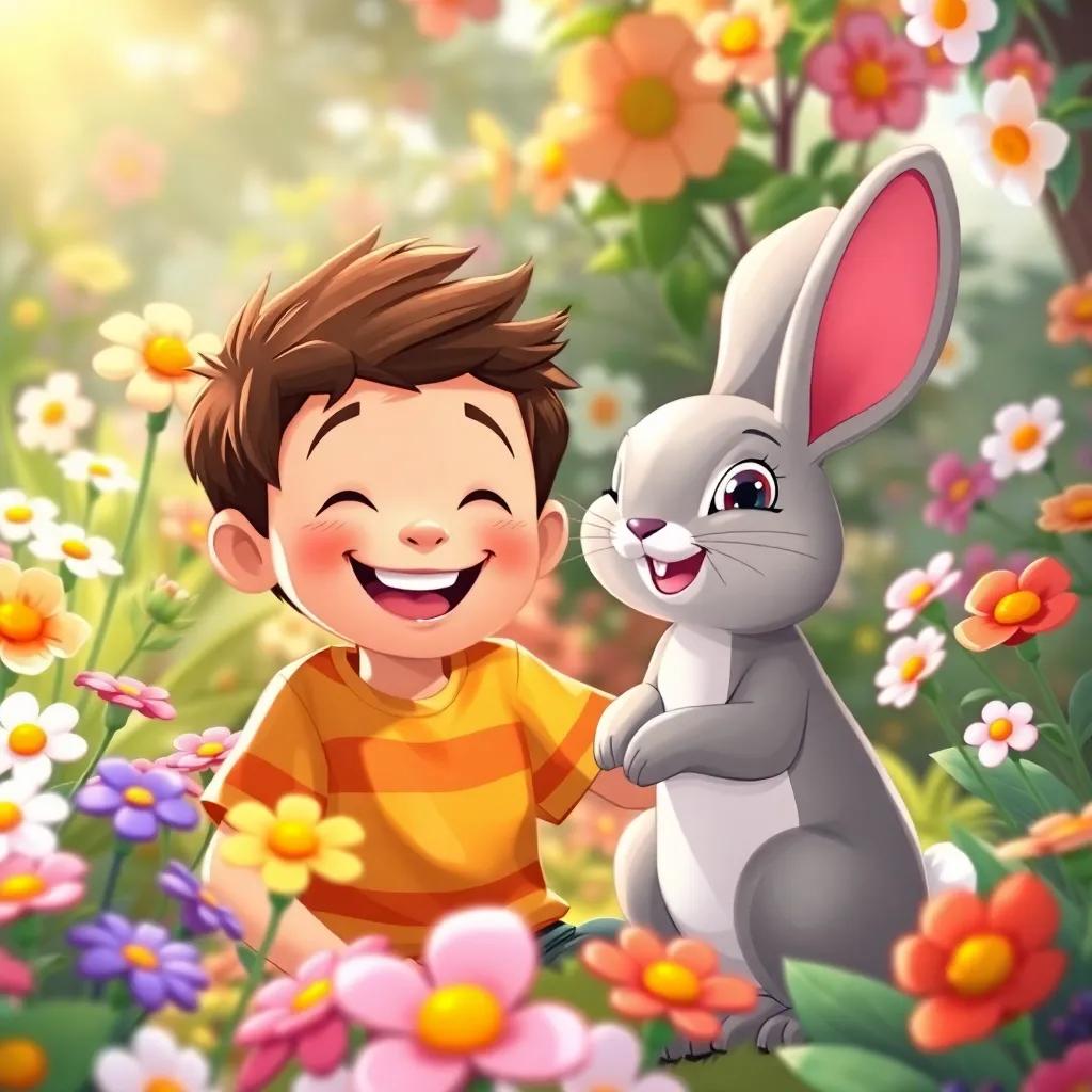 A joyful boy and the velveteen rabbit playing in a beautiful garden, with flowers blooming all around, sunshine lighting up their smiles, colorful illustration, cheerful and vibrant, warm atmosphere