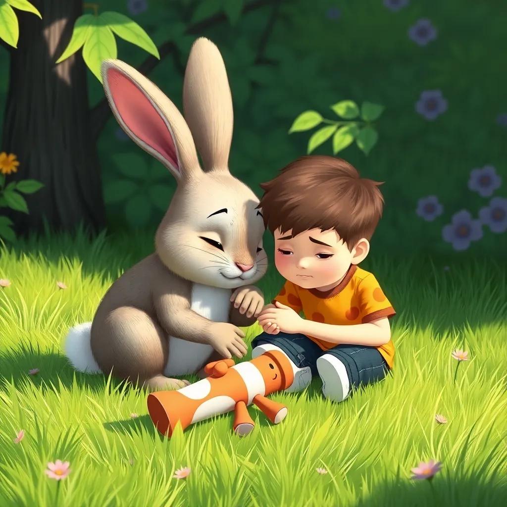 A velveteen rabbit comforting a sad boy, with their favorite toy found lying on the grass, bright and cheerful, lush green surroundings, heartfelt moment, child-friendly illustration, emotional scene