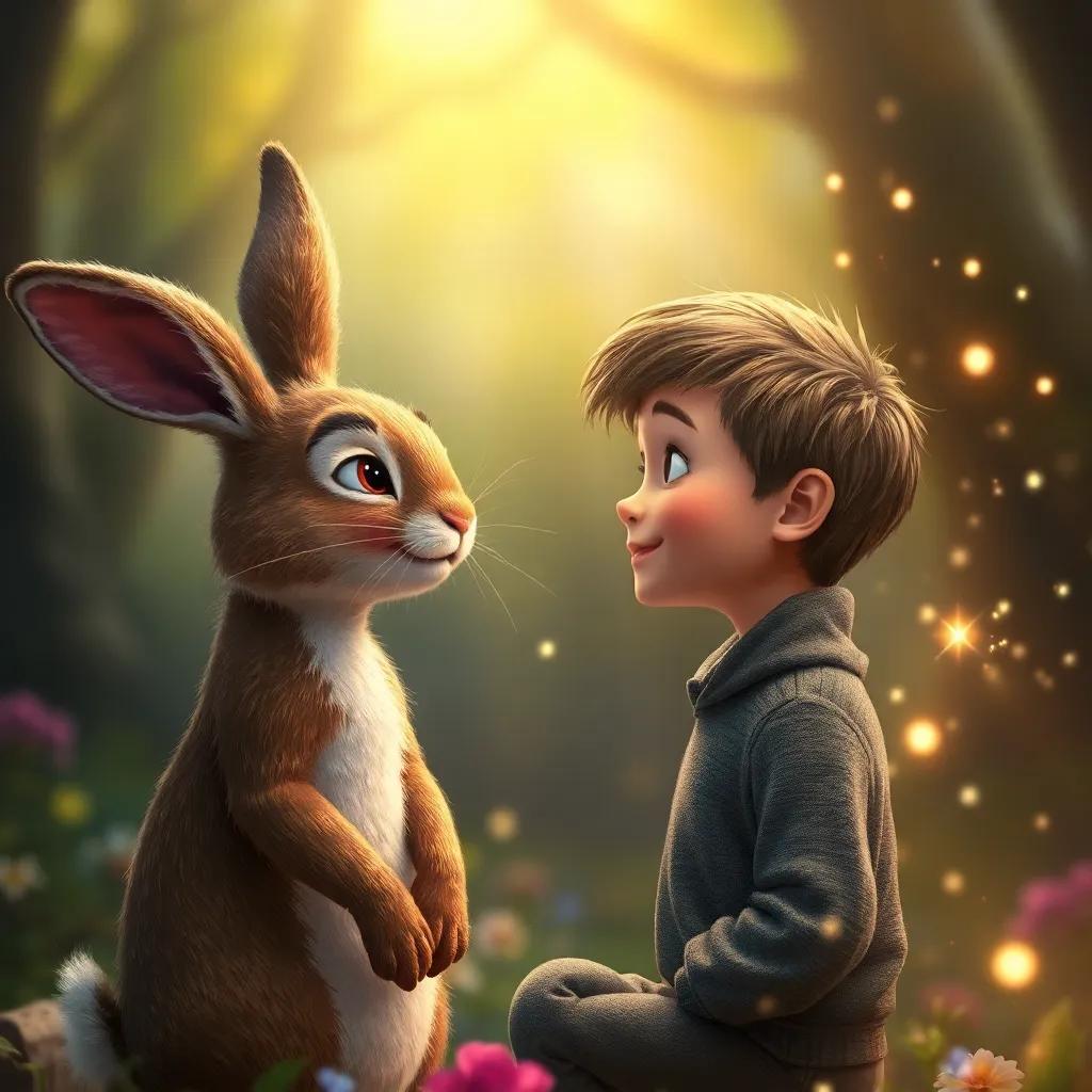 The velveteen rabbit and the boy looking at each other with love, noticing the magic happening around them, fairy dust sparkling in the air, dreamy colorful light, enchanting atmosphere, digital art, high quality