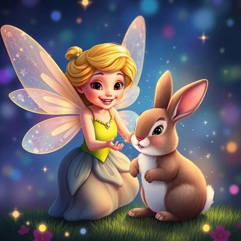 A fairy with a kind smile, sprinkling fairy dust over the velveteen rabbit, magic swirling around, sparkles in the night, colorful vibrant background, magical illustration, fantasy art
