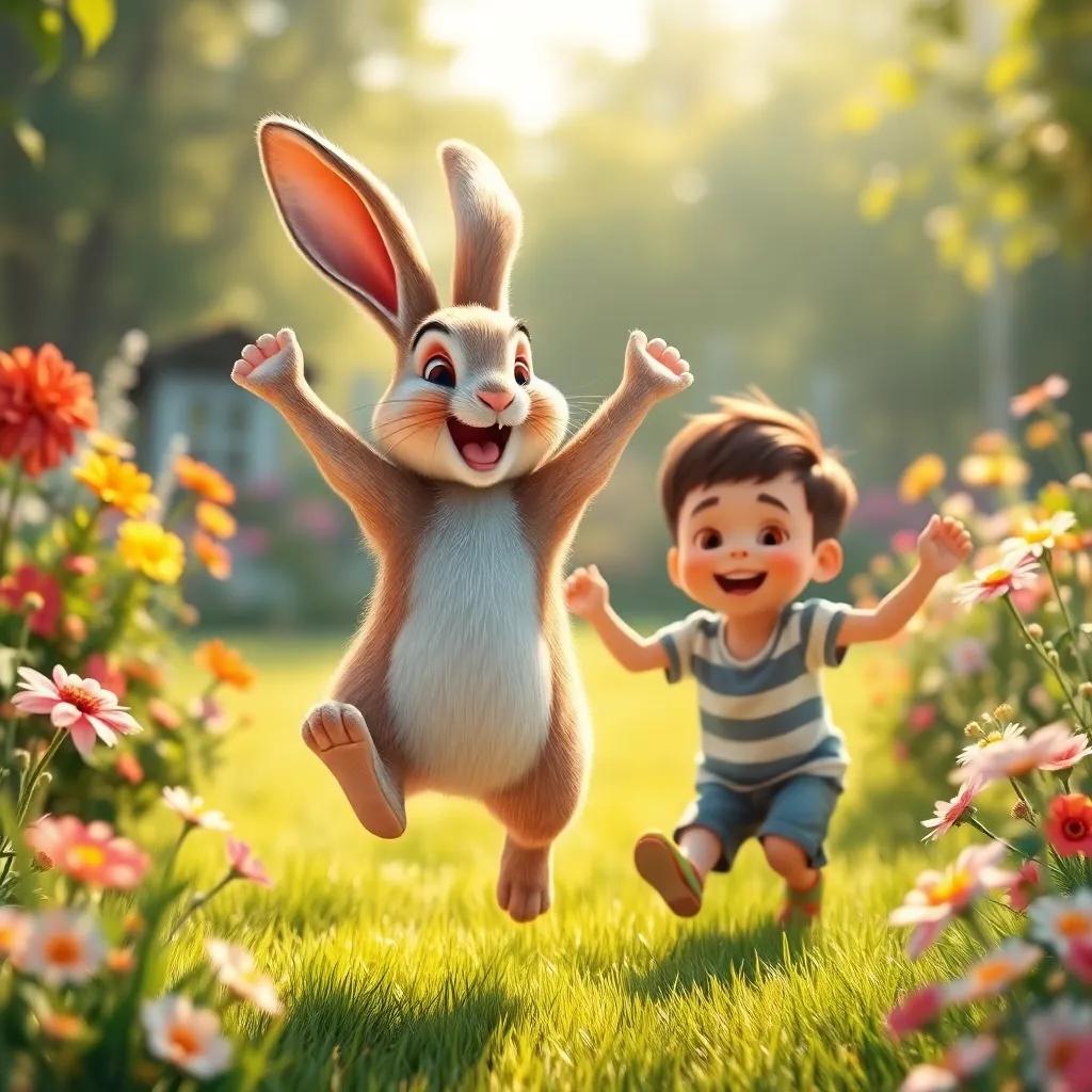 A real rabbit jumping joyfully in a sunlit garden, playing with the happy boy, surrounded by flowers and soft grass, carefree moment, bright colors, cheerful atmosphere, digital painting, high quality