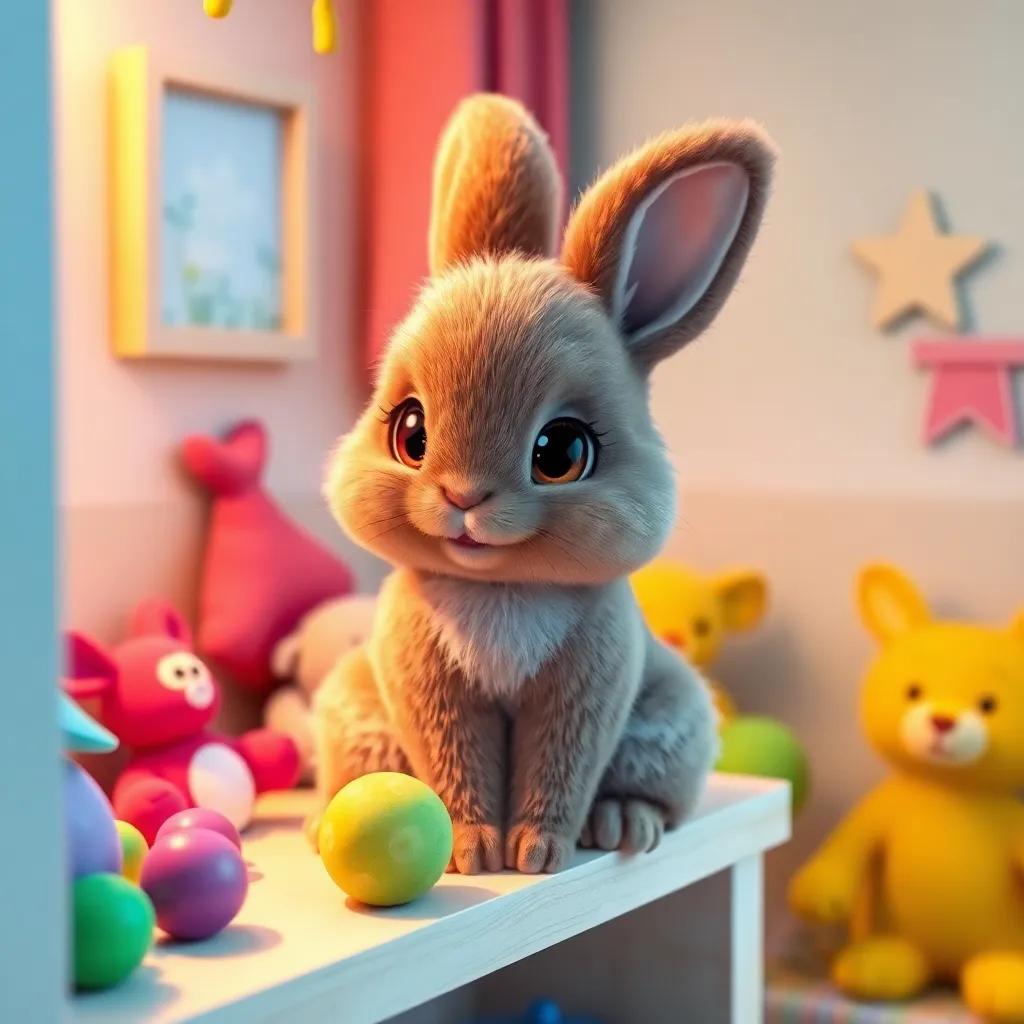 A soft velveteen rabbit with brown fur, sparkling eyes, sitting on a shelf in a cozy nursery with colorful toys around, warm lighting, inviting atmosphere, digital art, cute and cheerful, high quality