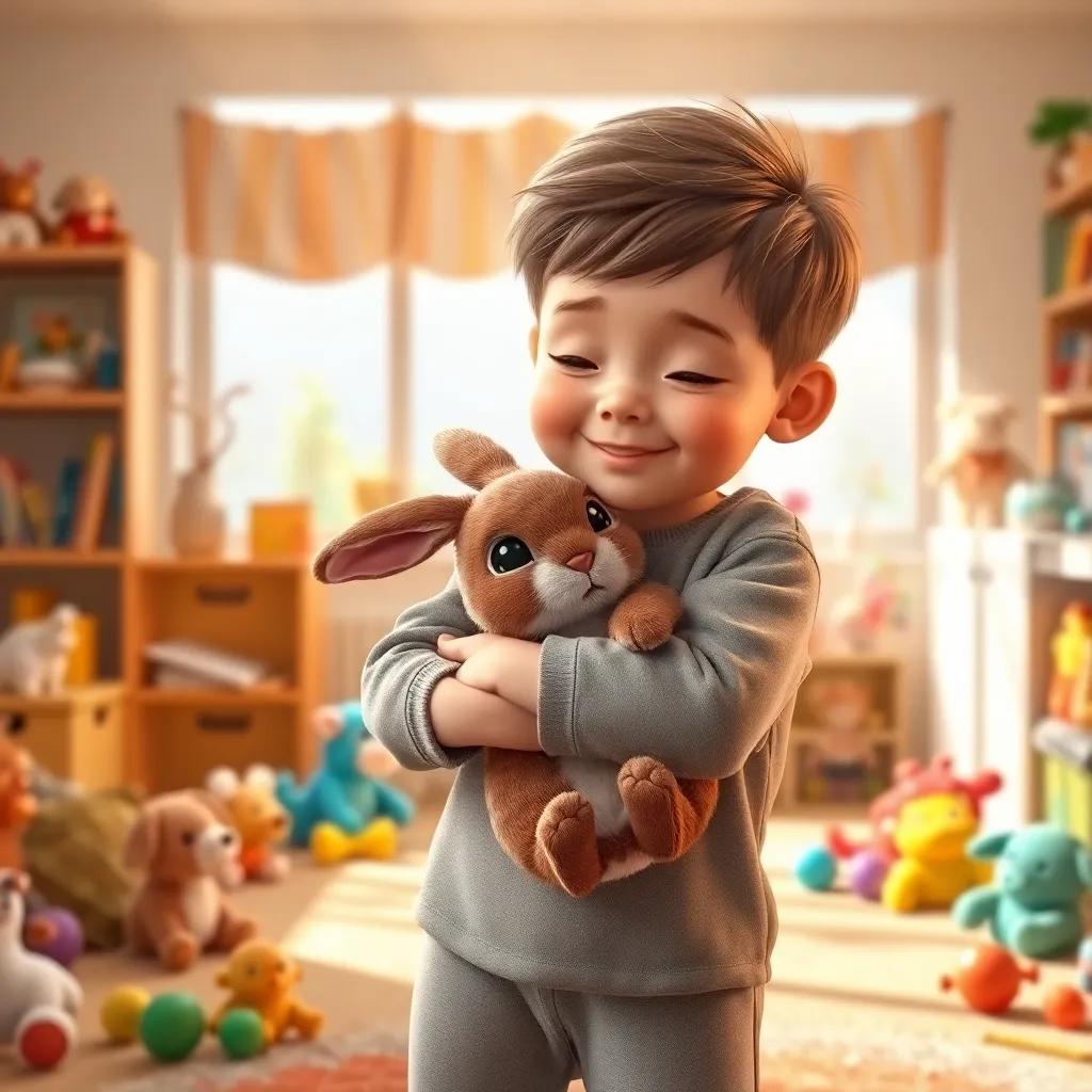 A little boy with short hair, wearing pajamas, hugging a brown velveteen rabbit tightly in a sunlit room filled with toys, loving expression, bright colors, joyful scene, high quality