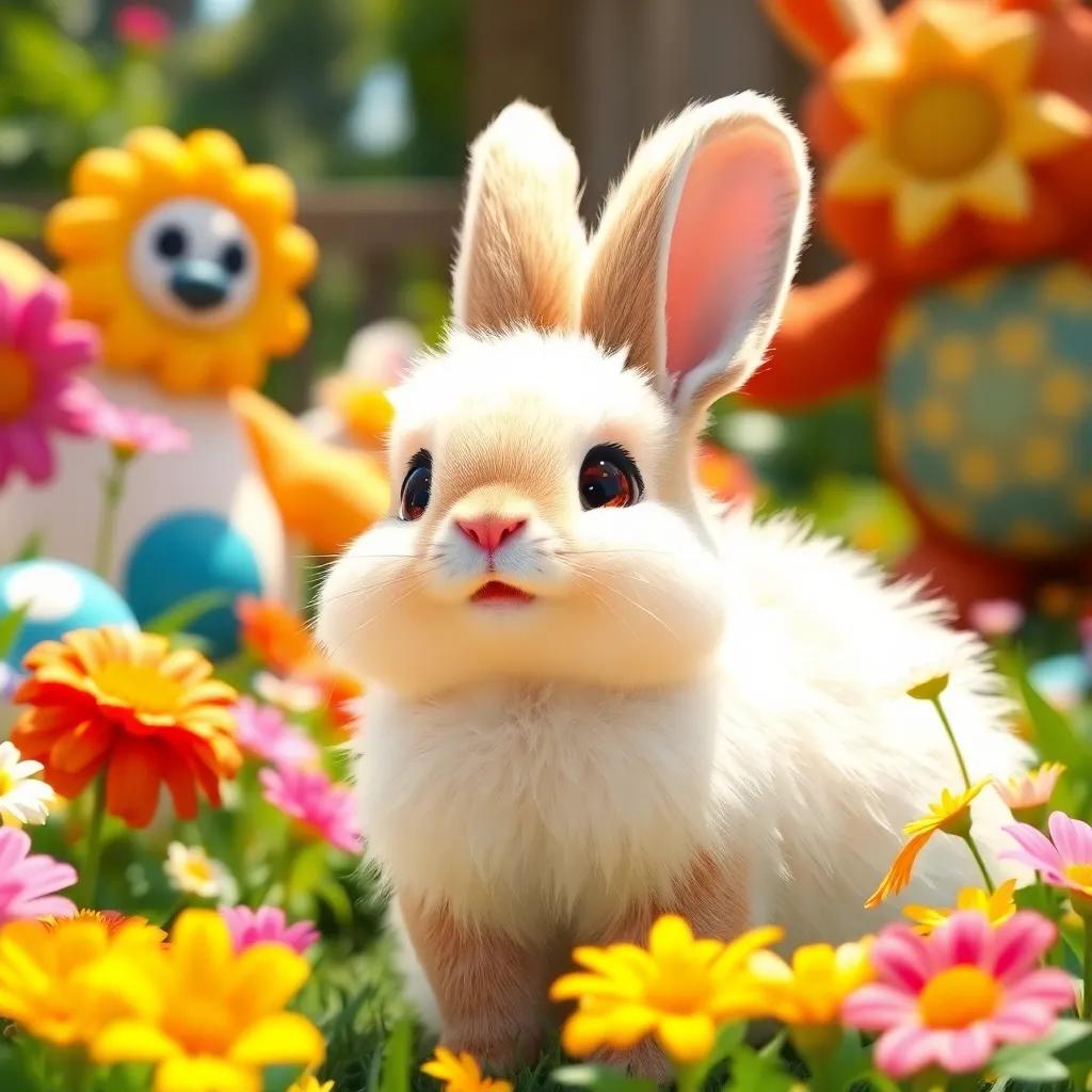 A velveteen rabbit with fluffy fur, looking up at big noisy toys in a garden, feeling nervous yet brave, surrounded by colorful flowers and bright sunlight, colorful, cheerful, high quality