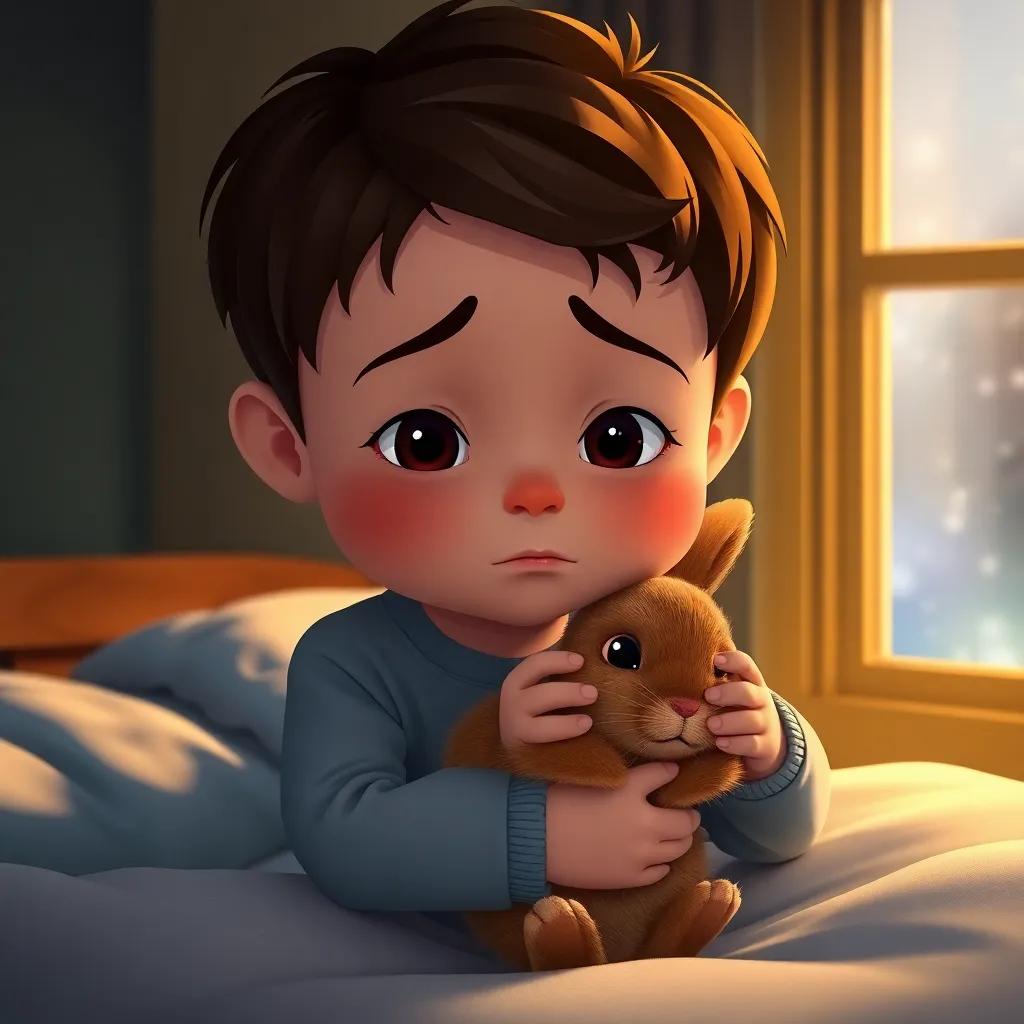 A little boy with a sad face, holding the brown rabbit while sitting on a bed, with a rainy window in the background, soft lighting, warm and heartwarming atmosphere, high quality
