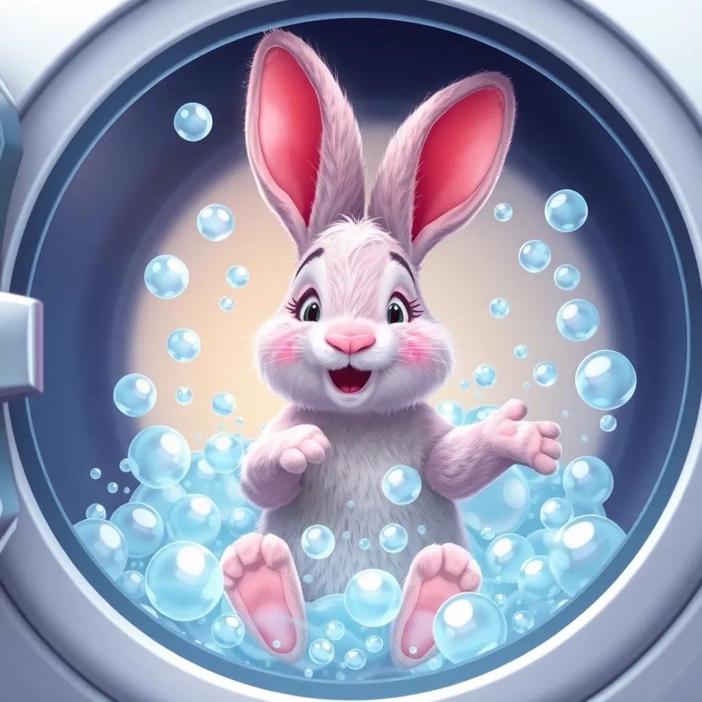 A velveteen rabbit being washed in a washing machine filled with bubbles, feeling dizzy but determined, bright colors, playful, high quality