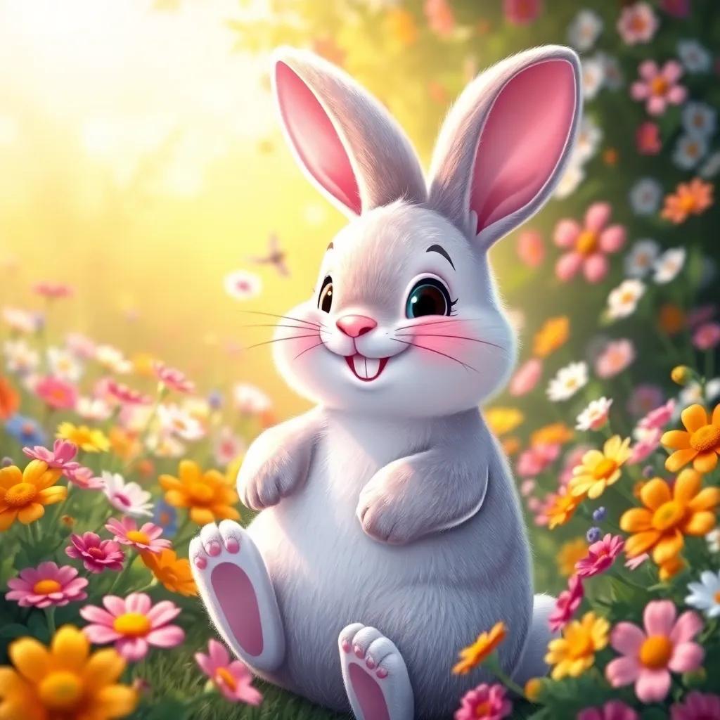 A happy velveteen rabbit, soft and fresh, swirling around in a sunny garden, with colorful flowers blooming everywhere, vibrant colors, cheerful and joyous, high quality