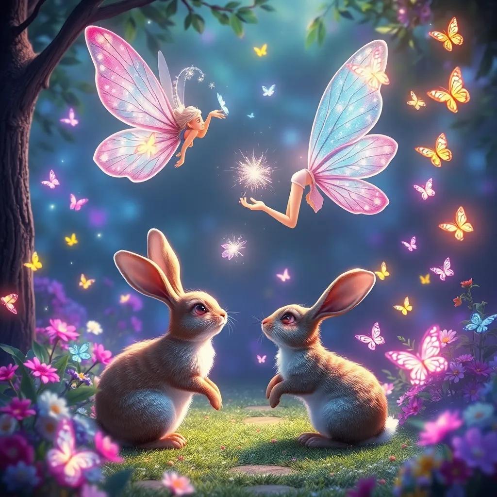 A magical scene with a fairy, waving her wand over the rabbit, sparkling lights and colorful butterflies flying around in a garden, enchanting atmosphere, bright colors, high quality