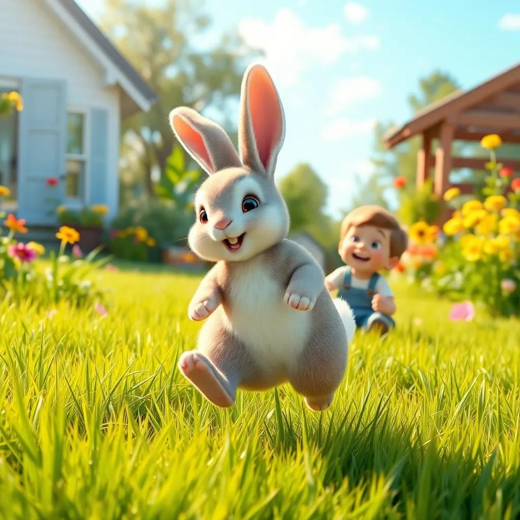 A velveteen rabbit now a real bunny, happily hopping over soft grass in a sunny garden with the boy laughing and playing, joyful scene, bright colors, high quality