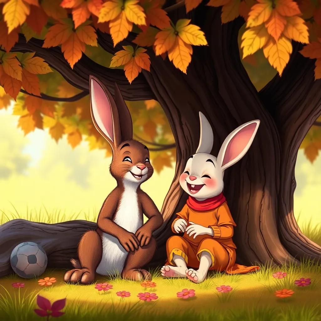 A warm scene of the velveteen rabbit and the boy sitting together under a tree, sharing a moment of laughter and love, bright colors and joyful atmosphere, high quality