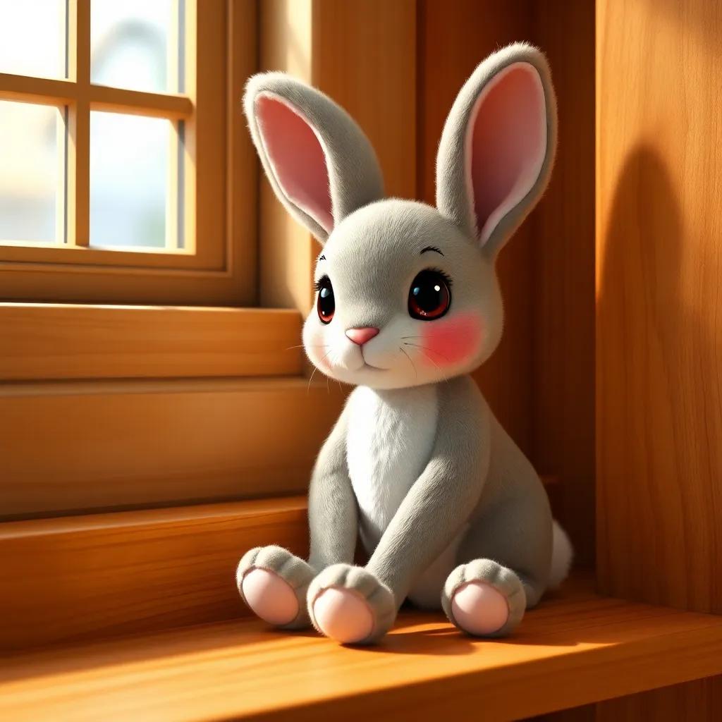 A cute stuffed rabbit named Velveteen, on a wooden shelf, soft velvet fur, bright sparkling eyes, a gentle light coming from a nearby window, vibrant colors, warm and inviting atmosphere, high quality