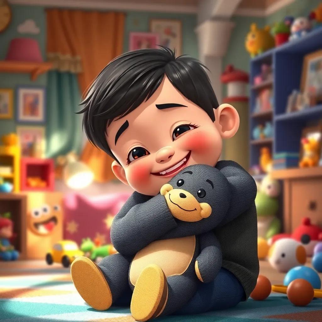 A little boy hugging Velveteen, with a big smile, sitting in a cozy room filled with toys, colorful and cheerful decor, soft sunlight pouring in, joyful expression, detailed, heartwarming scene