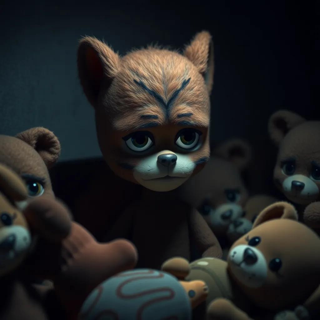 Velveteen looking sad, surrounded by other toys, with a shadowy background to represent loneliness, and a soft, slightly dim light emphasizing his emotions, rich textures, poignant moment