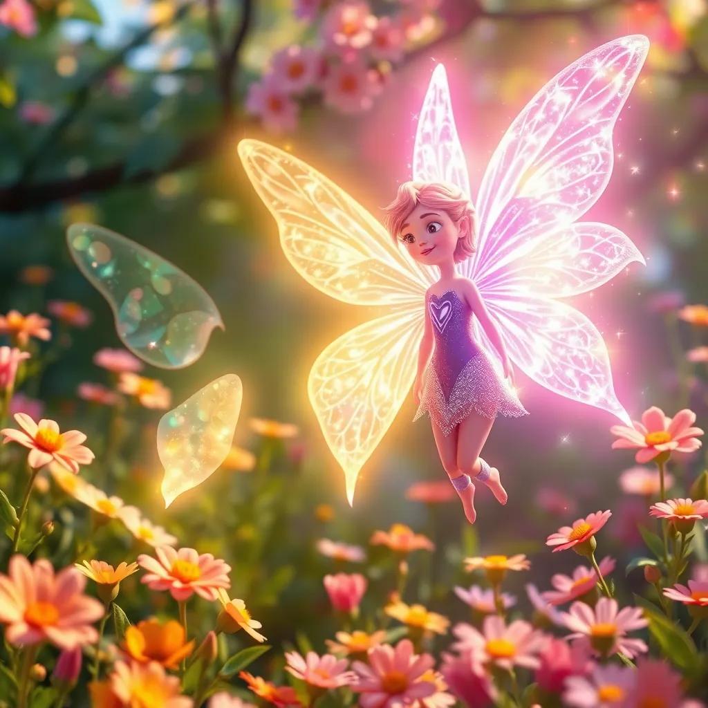 A glowing fairy with sparkling wings near Velveteen, in a magical garden filled with flowers, bright colors, dreamy atmosphere, emphasizing magic and hope, fantastical imagery, high quality