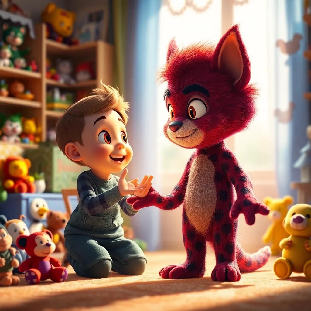 Velveteen transforming to become real, with soft, warm light enveloping him, next to the boy's amazed expression, in a bright room filled with toys, enchanting and heartwarming, magical transformation scene