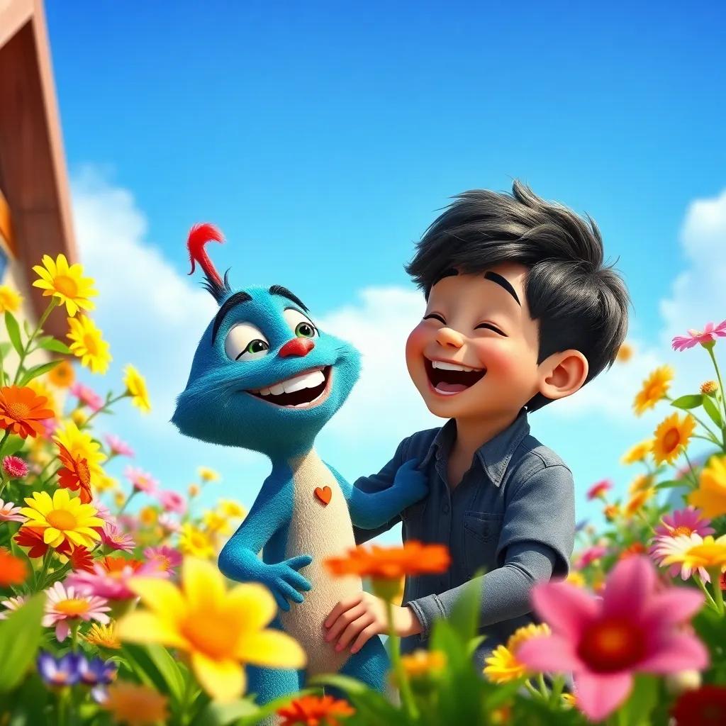 The boy outside with Velveteen, surrounded by colorful flowers and a bright blue sky, both are laughing and playing joyfully, vibrant and cheerful, capturing the essence of friendship, lively scene