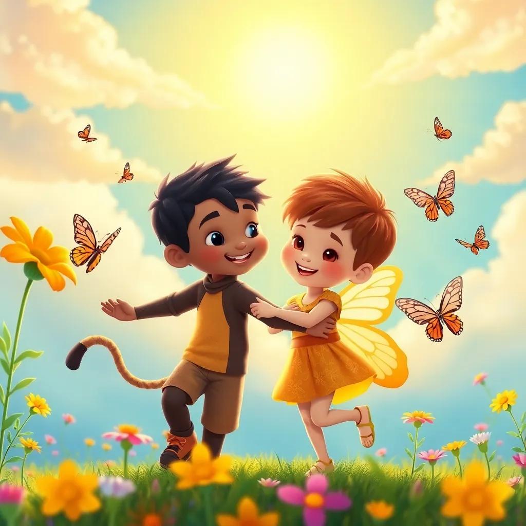 Velveteen and the boy dancing under a sunny sky, with butterfly friends around them, vivid flowers and warmth expressing joy and adventure, colorful and uplifting, heartwarming view