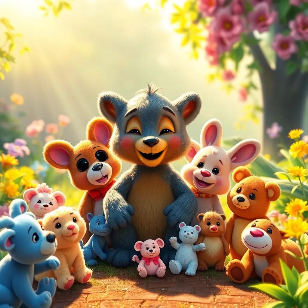 Velveteen with a group of friends, all toys and animals, in a happy garden, with sunlight creating a golden glow, depicting love and joy, beautiful scene