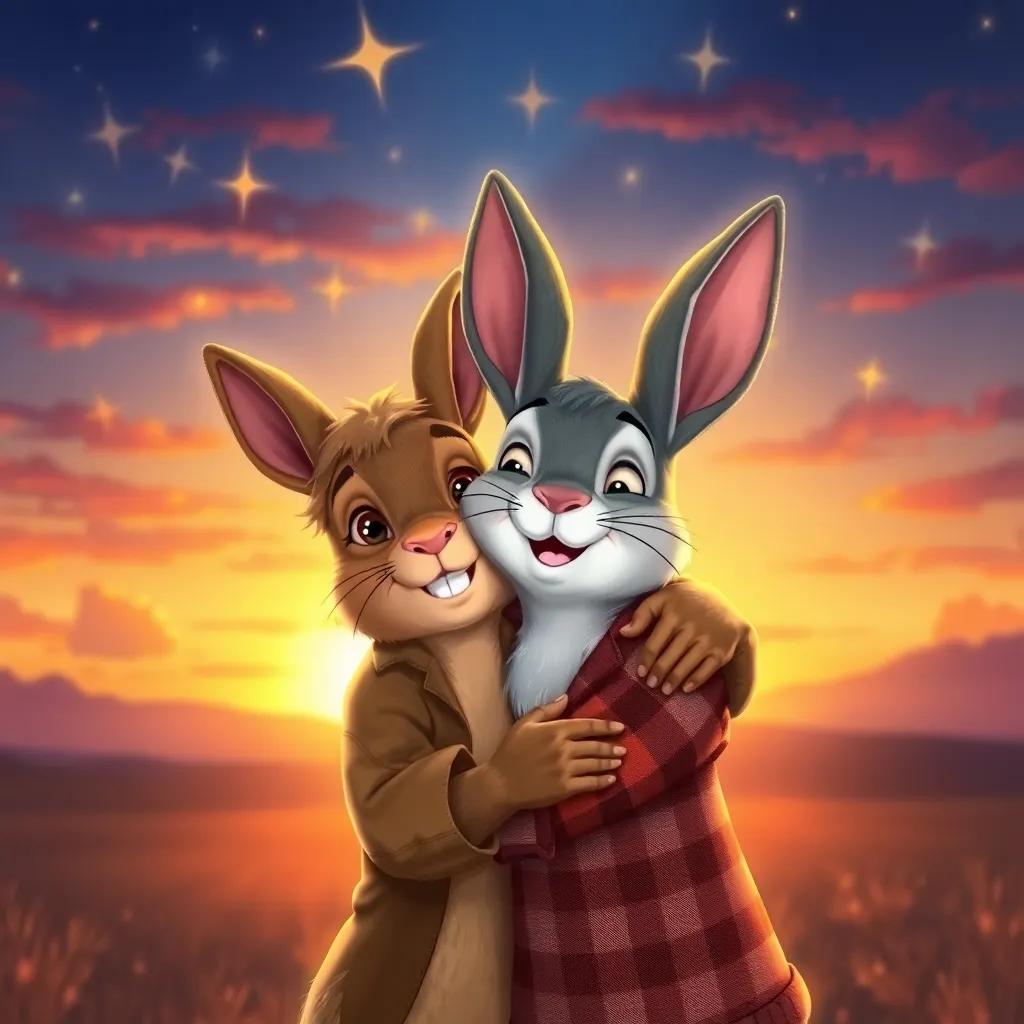 The Velveteen Rabbit looking proud and happy, with the boy hugging him tight, surrounded by stars twinkling above, a dreamy sunset background conveying love and friendship, magical and heartwarming scene
