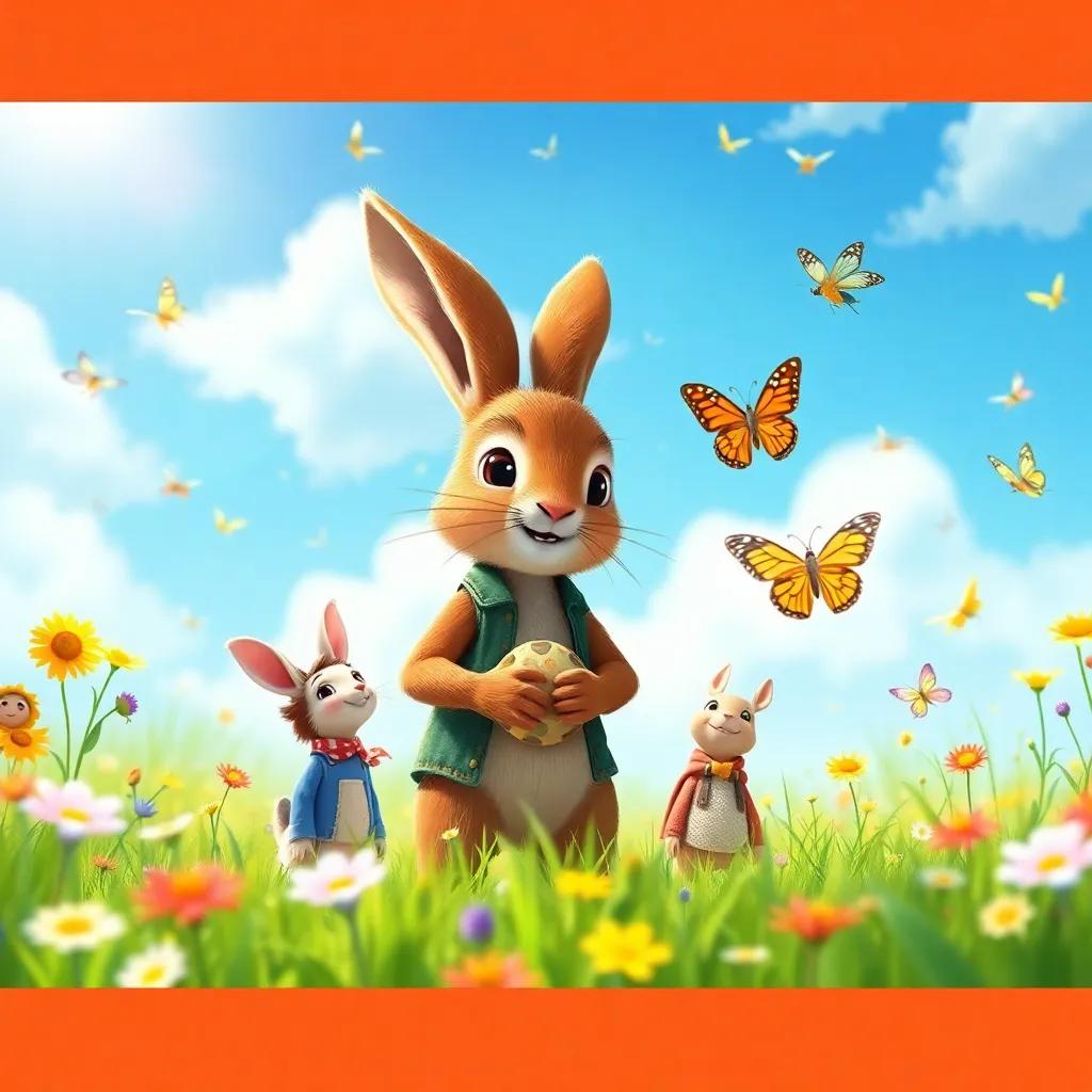 The Velveteen Rabbit exploring the world with the boy and friends, in a sunny meadow filled with butterflies, bright colors, joyful atmosphere, adventure and love, enchanting imagery