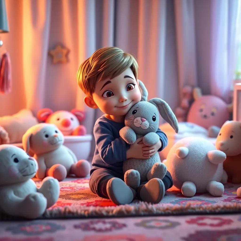 A cozy nursery with soft toys, including a velveteen rabbit and a boy, Timmy, hugging the rabbit while sitting on a colorful rug, gentle lighting, warm colors, inviting atmosphere, digital art, child-friendly
