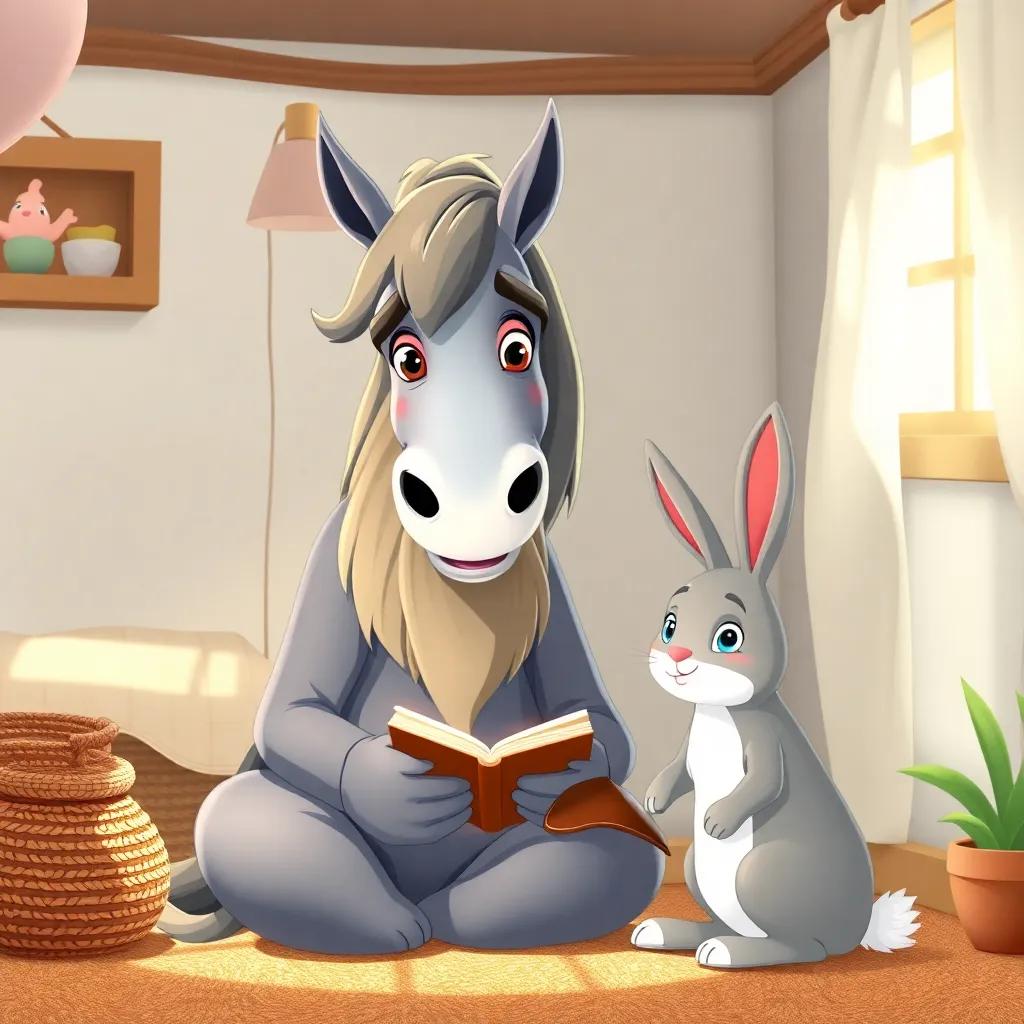 A wise old Skin Horse with a caring expression, sitting in a sunlit corner of the nursery, telling stories to the velveteen rabbit, illustrated with a soft background, storytelling vibe, cheerful
