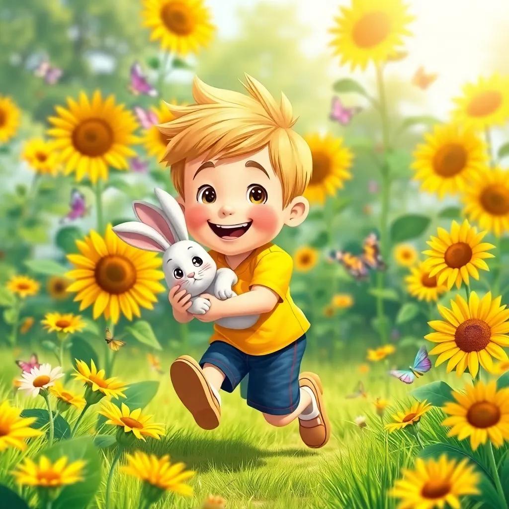 A bright garden with sunflowers and butterflies, Timmy running while holding the soft rabbit, both smiling and enjoying a sunny day, colorful, joyful atmosphere, detailed illustration
