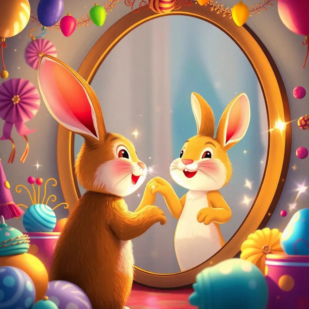 A joyful scene of the rabbit looking at himself in a mirror, surrounded by colorful decorations, with magical sparkles indicating transformation, bright and emotional, uplifting illustration