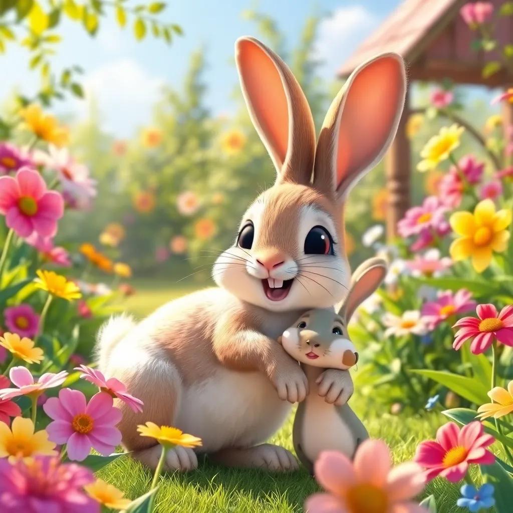 A beautiful garden scene with a real rabbit playing happily with Timmy, surrounded by flowers and sunlight, vibrant and cheerful colors, joyful atmosphere, detailed, child-friendly