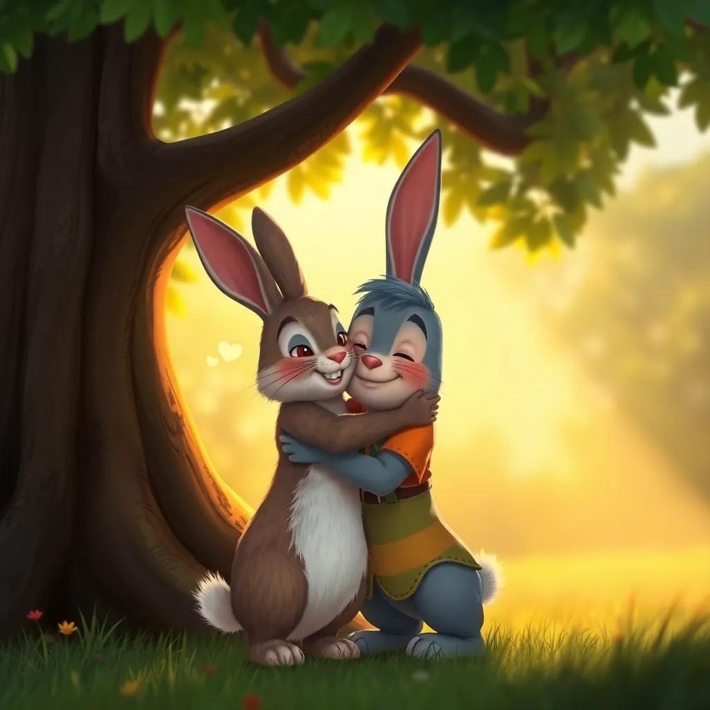 A heartwarming scene of the rabbit and Timmy sharing a hug under a tree, symbolizing friendship and love, warm golden light, emotional connection, beautifully illustrated