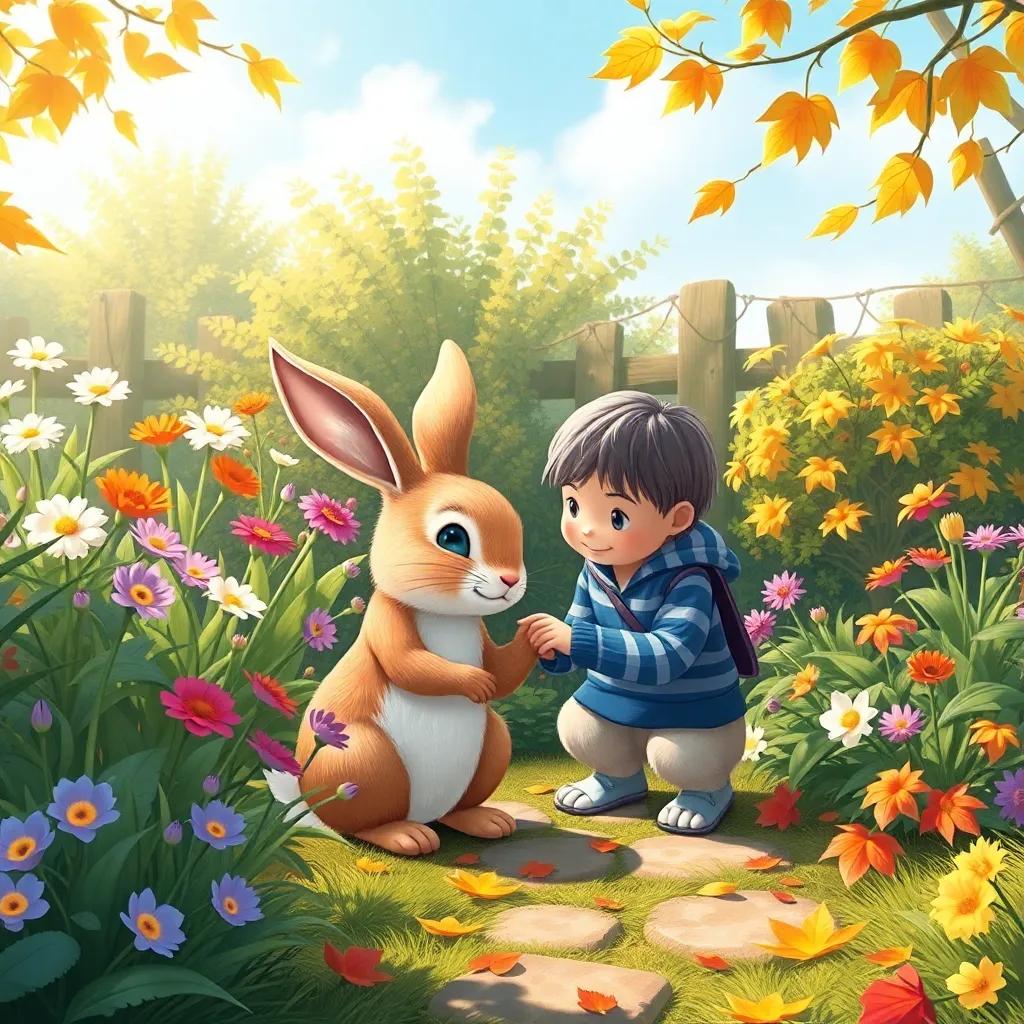 A changing scene of the garden through seasons, showing the rabbit and Timmy sharing moments together, with flowers blooming and autumn leaves falling, vibrant and warm illustrations, capturing the essence of friendship