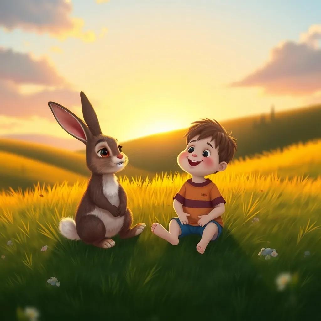 A happy ending scene of the rabbit and Timmy sitting on a grassy hill, looking at the sunset with smiles, surrounded by the bond of friendship and love, peaceful and sweet atmosphere, beautifully illustrated